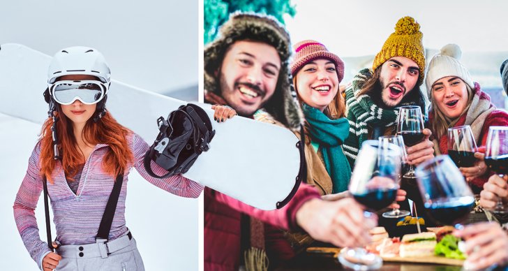 Tjej i skidkläder och vänner som skålar iklädda vinterkläder